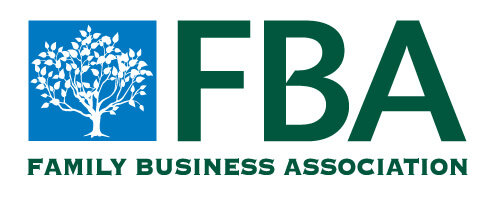 FBA-logo white tree in a light blue square with large green capitol letters FBA next to it, Family Business Association in green all caps underneath