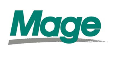 Mage LLC Mage logo - word Mage in green with a gray swoosh under it